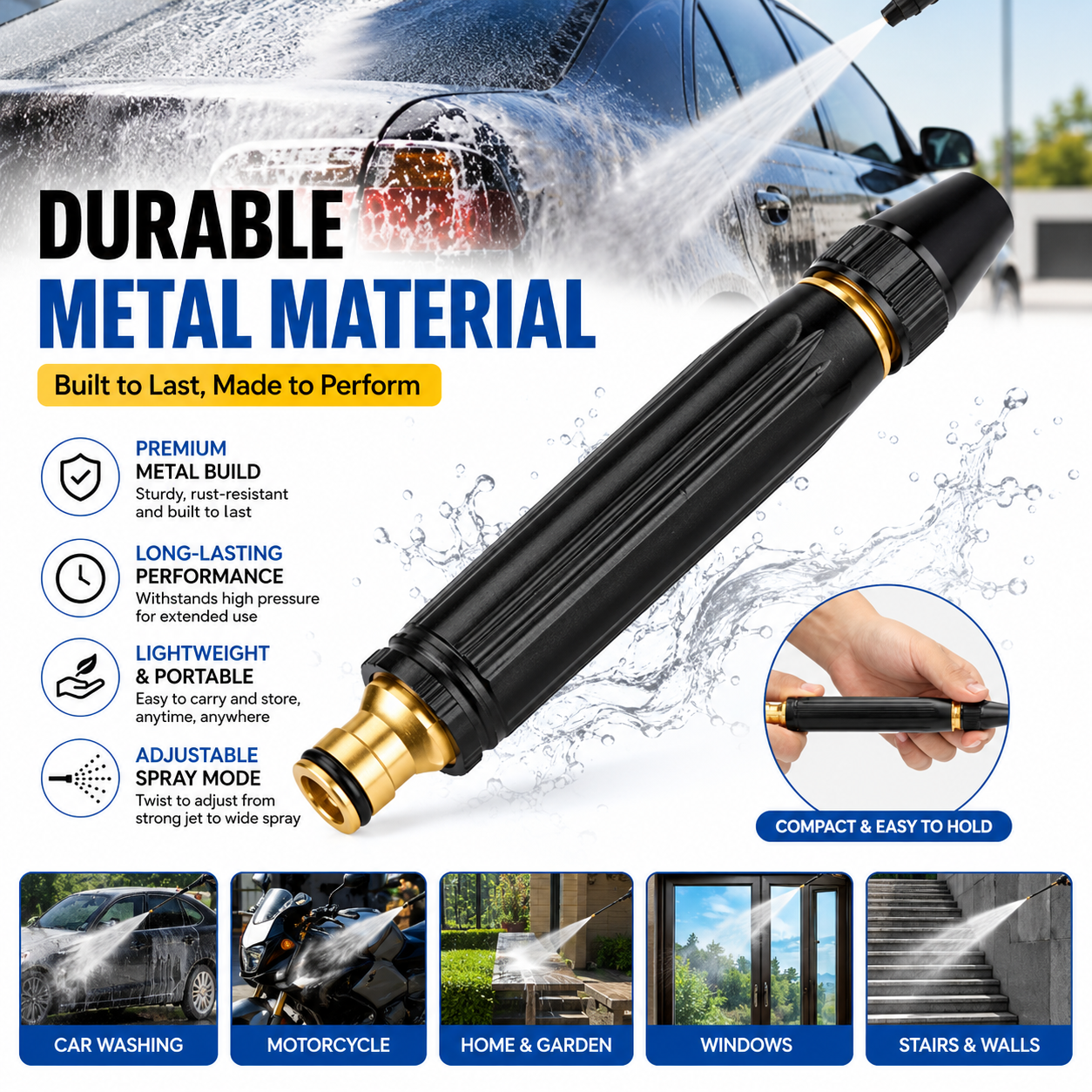 Portable High Pressure Washing Water Nozzle with 3 attachments