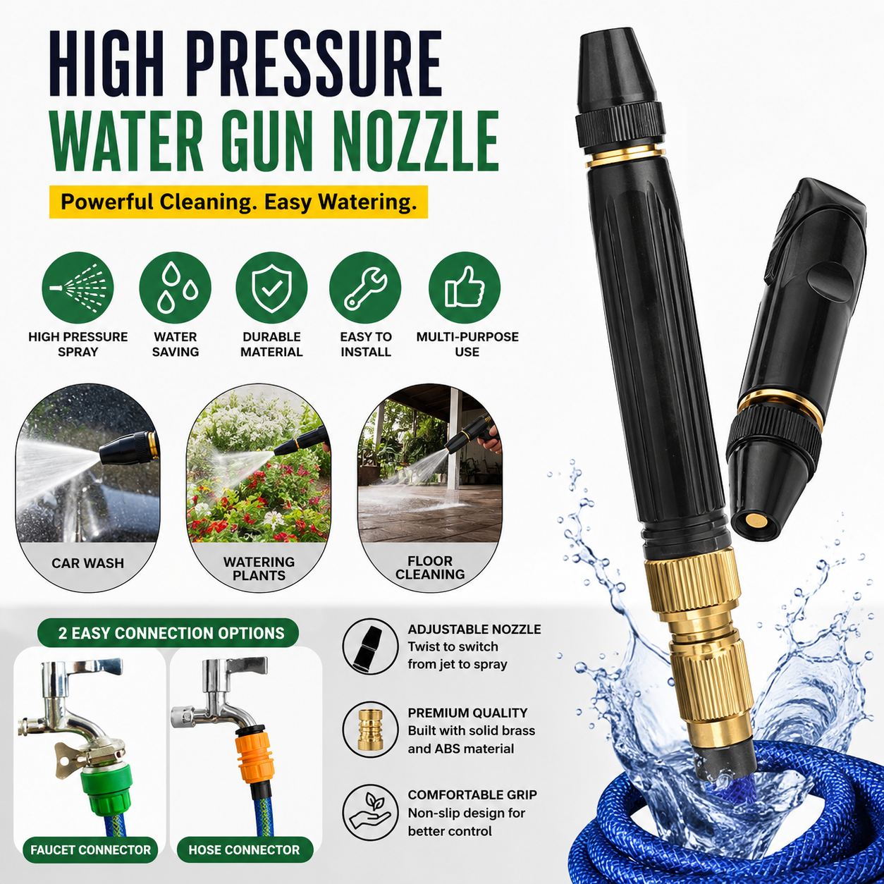 Portable High Pressure Washing Water Nozzle with 3 attachments